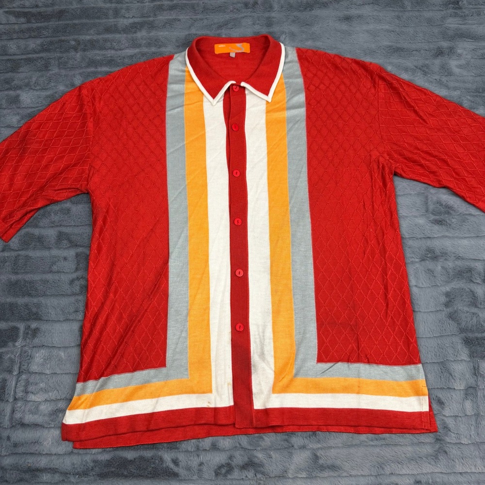 Edition Mens Silk Blend Knit Polo Shirt Red Striped Retro Button Up XL